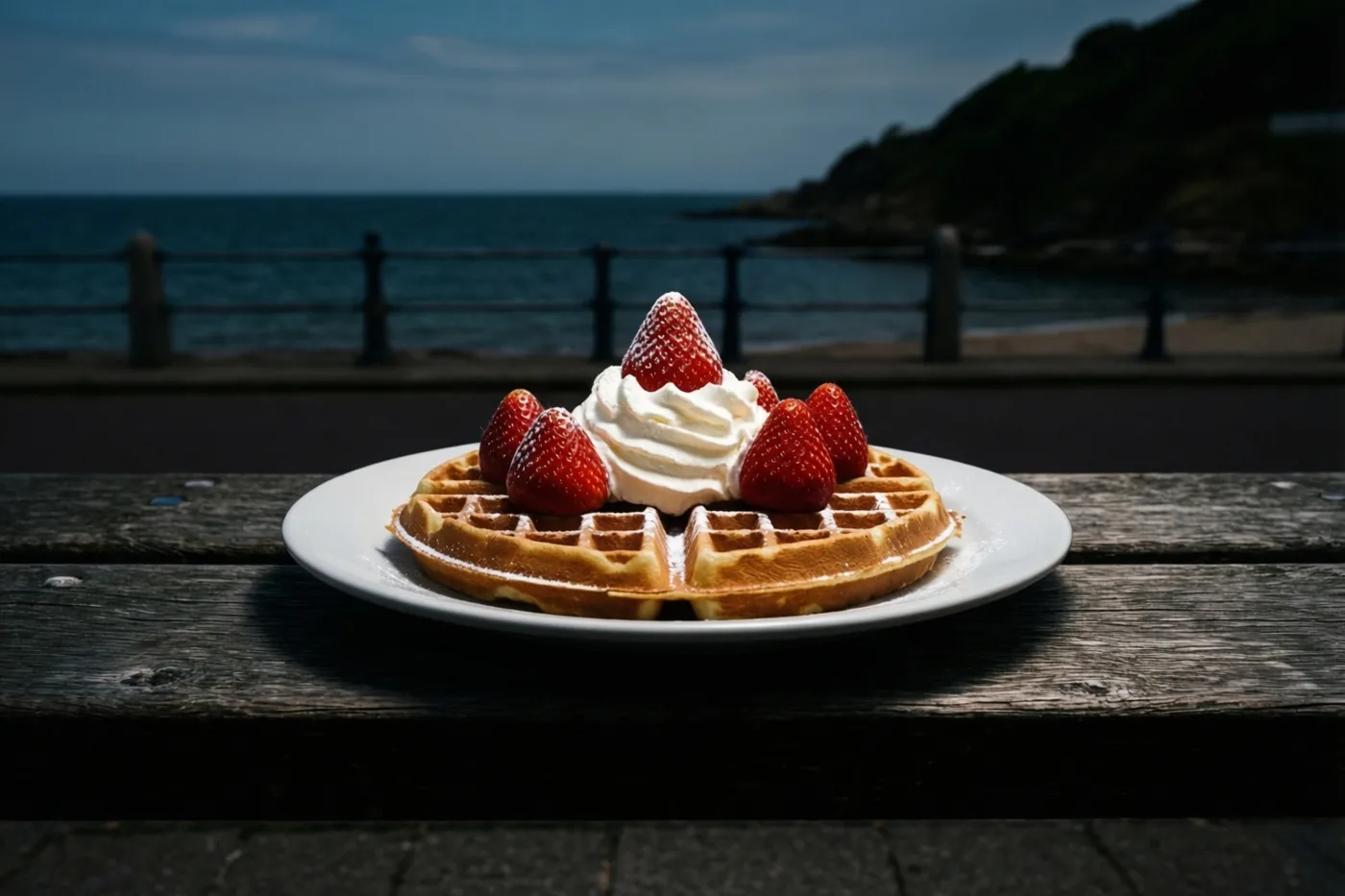 Een goudbruine wafel met slagroom en aardbeien ligt op een wit bord op een donkere houten bank, met een zeedijk, zee en verre heuvel onscherp onder een bewolkte hemel.