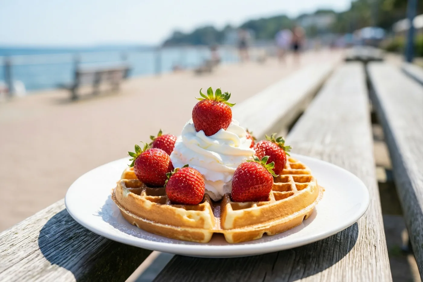 Een goudgele wafel met slagroom en aardbeien ligt op een wit bord op een houten bank, met een zeedijk, zee en verre figuren onscherp op de zonnige achtergrond.