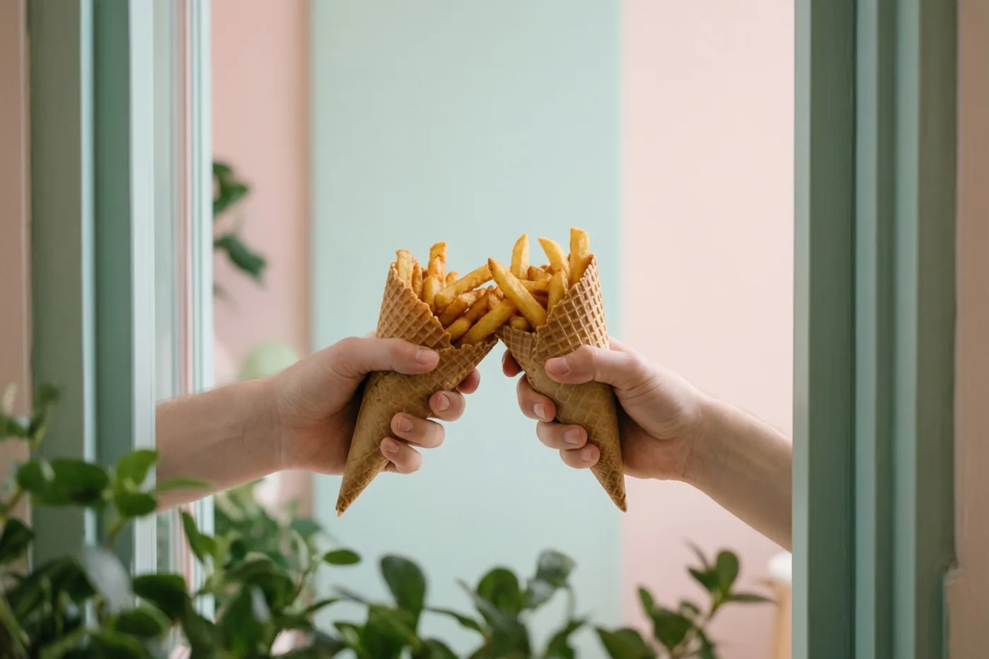 Twee handen stoten wafelhoorntjes vol frieten tegen elkaar, met pastelroze en blauwgroene muren en groene planten op de achtergrond.