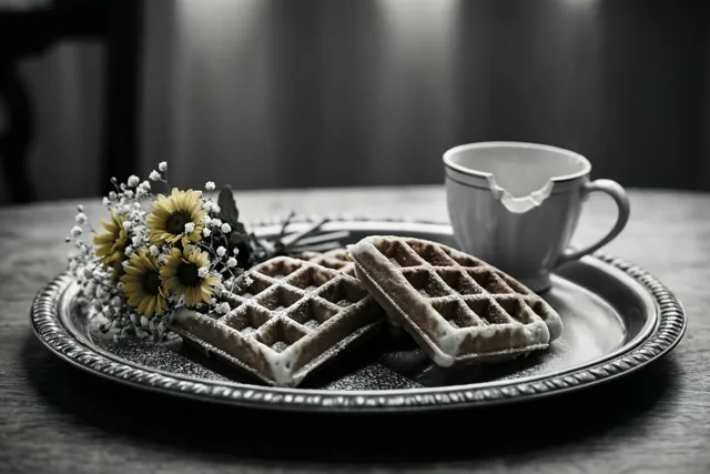 Een zwart-witbeeld toont twee wafels met poedersuiker en een boeketje met gipskruid op een zilveren dienblad naast een beschadigd wit kopje op een houten tafel.