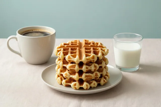 Een stapel goudbruine wafels staat op een wit bord naast een witte mok koffie en een glas melk, op een licht tafelkleed voor een zachtblauwe muur.