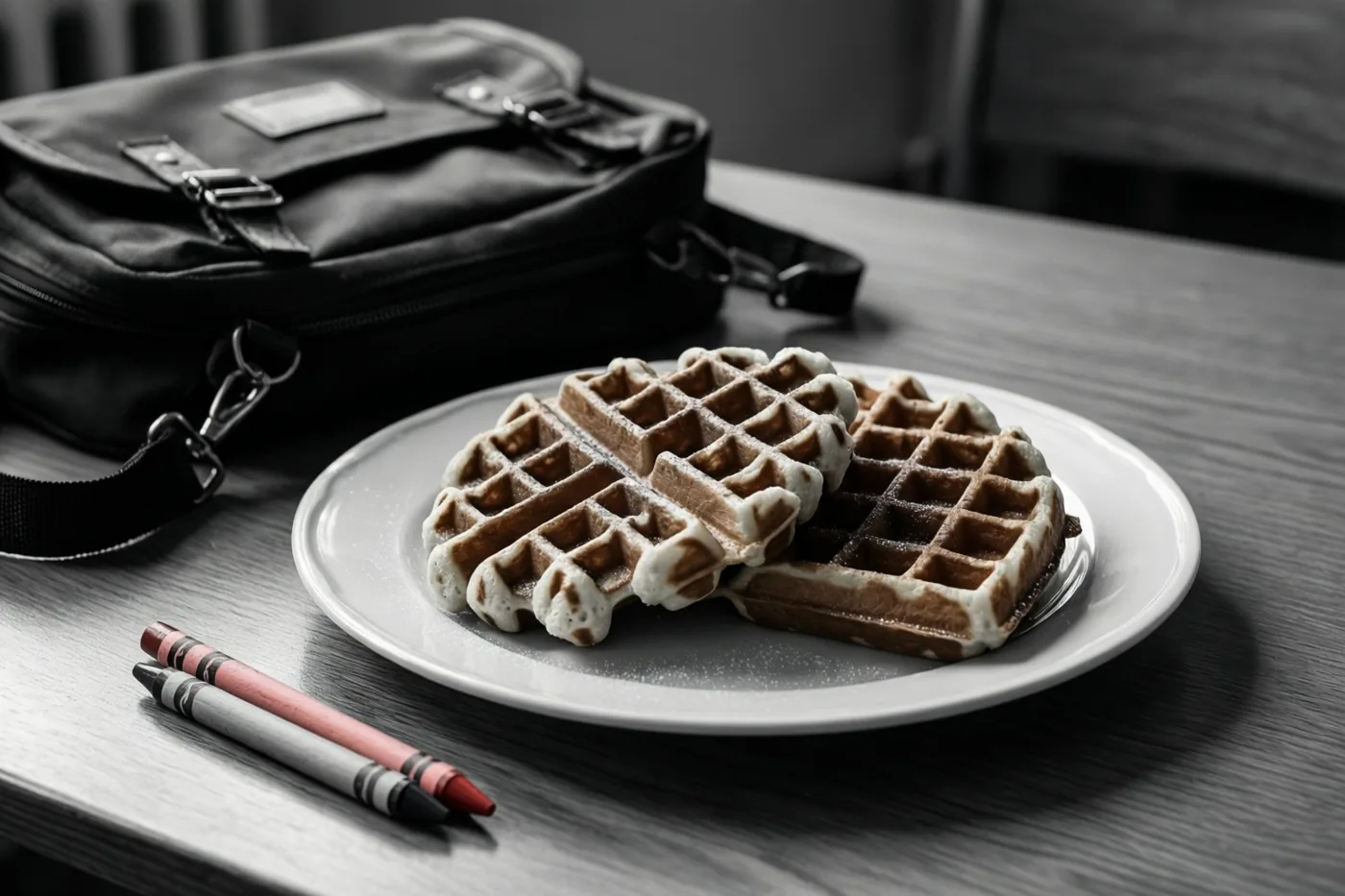 Een bord Belgische wafels staat op een houten bureau naast een zwarte boekentas en twee waskrijtjes, waarbij alleen de wafels en de krijtjes kleur hebben in een verder zwart-witte foto.