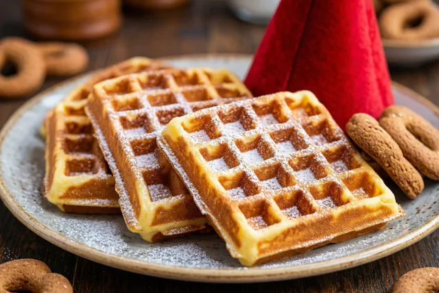 Een bord met goudbruine wafels bestrooid met poedersuiker staat naast pepernoten en een rode mijter op een donkerhouten ondergrond.
