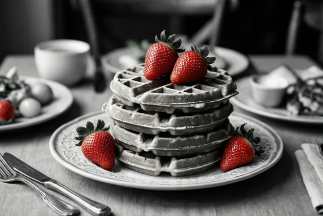 Een stapel Belgische wafels met aardbeien staat op een sierlijk bord op een brunchtafel in zwart-wit, waarbij alleen de aardbeien rood zijn.
