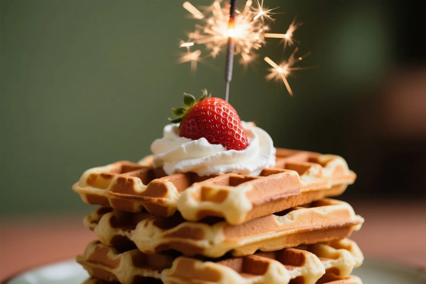 Een stapel goudbruine Belgische wafels met slagroom, een verse aardbei en een brandend sterretje staat in warm licht tegen een zachtgroene achtergrond.