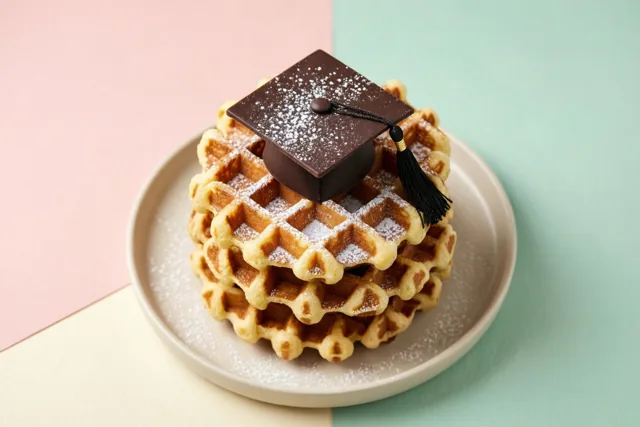 Op een beige bord ligt een stapel goudbruine Belgische wafels met poedersuiker en een chocoladeafstudeerhoedje, tegen een roze, mintgroene en crèmekleurige achtergrond.