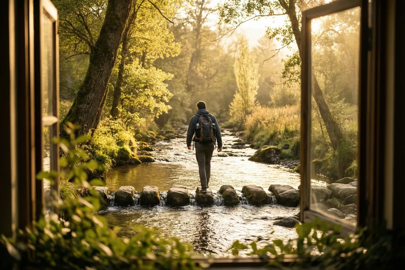 Door een open raamkozijn is een persoon met een rugzak van achteren te zien die over stenen in een beek stapt, met goudkleurig zonlicht tussen de bomen.