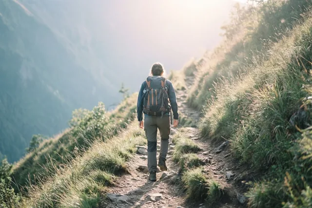 Een wandelaar met een rugzak loopt over een smal bergpad op een rotsige grashelling naar helder, nevelig licht, met bergen in de verte.