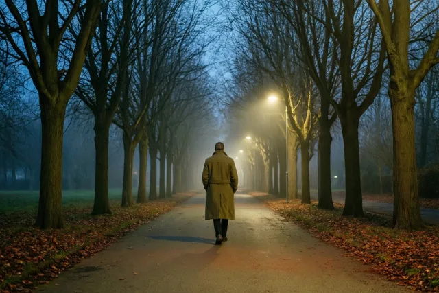 Een persoon in een lange jas wandelt weg door een mistige bomenlaan bij schemering, met koele blauwe tinten en warm geeloranje licht van straatlampen.