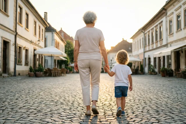 Een oudere vrouw en een klein kind wandelen hand in hand over een dorpsplein met kasseien in goudkleurig avondlicht, van achteren gezien met gebouwen en terrasstoelen op de achtergrond.