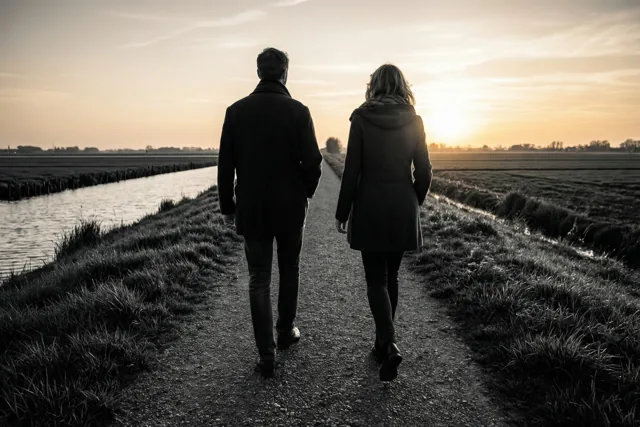 Twee mensen wandelen met hun rug naar de kijker op een onverhard pad langs een kanaal in de polders, in het warme licht van de ondergaande zon.