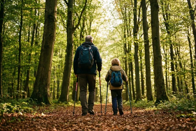Een volwassene en een kind wandelen van de kijker weg met wandelstokken over een bladerpad in een dicht beukenbos, waar warm zonlicht door het groene bladerdak valt.