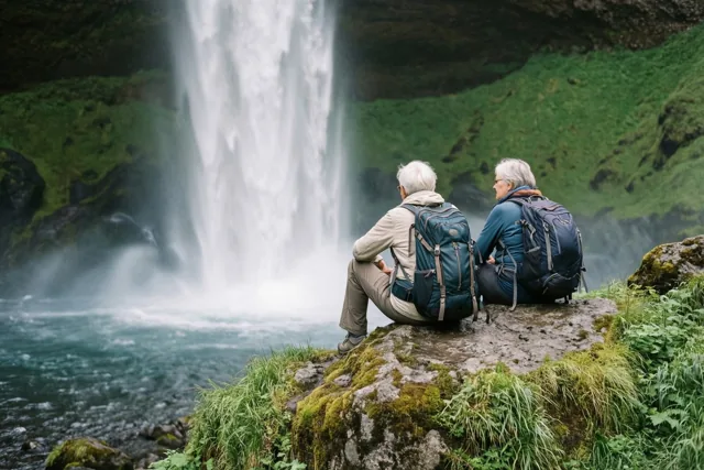Twee oudere wandelaars met rugzakken zitten op een bemoste rots en kijken naar een grote waterval, omringd door weelderig groen en wit opspattend water.