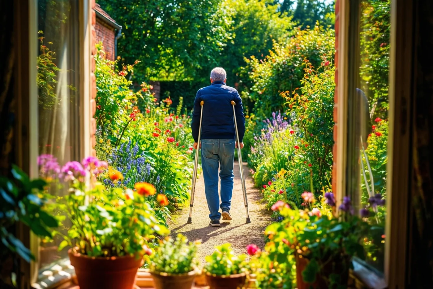 Door een raam met bloempotten is een oudere persoon met grijs haar van achteren te zien die op krukken over een grindpad in een zonnige, bloemrijke tuin loopt.
