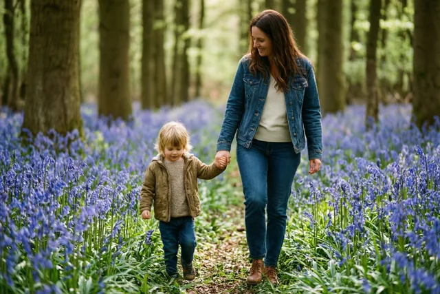 Een moeder en kind wandelen hand in hand door een bos met een tapijt van blauwe boshyacinten in natuurlijk licht.