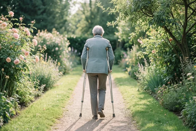 Een oudere persoon met wit haar loopt van achteren gezien op krukken over een grindpad in een zonnige tuin tussen groen en roze rozen.