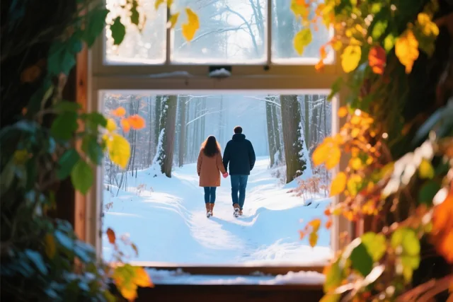 Door een raam met herfstbladeren in warme tinten is een koppel van achteren te zien dat hand in hand over een besneeuwd bospad onder een blauwe hemel wandelt.