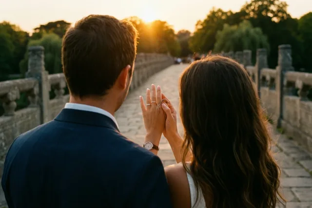 Een koppel wandelt van de camera weg over een stenen brug in goudkleurig avondlicht, terwijl de vrouw haar hand met een nieuwe ring omhooghoudt en groene bomen de achtergrond vullen.