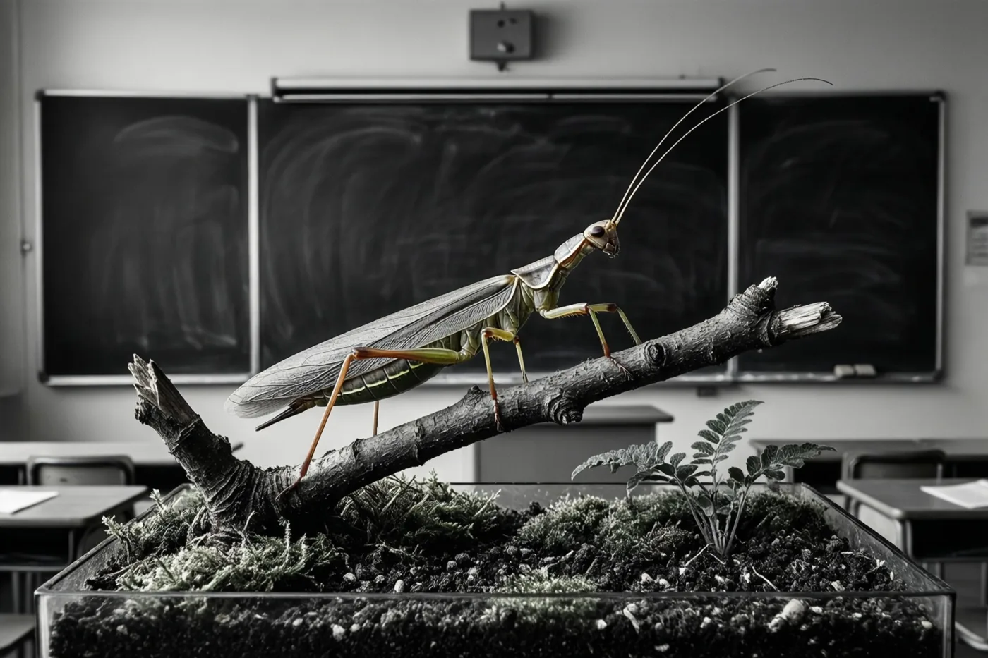 Een grote wandelende tak zit op een twijg in een glazen terrarium met aarde en mos voor een schoolbord, waarbij het groen en bruin van het insect opvallen in een verder zwart-wit beeld.