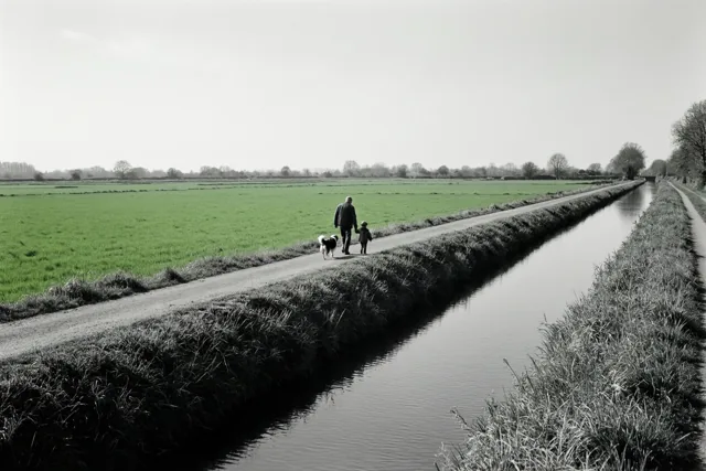 Een vader en kind wandelen hand in hand met een hond over een jaagpad langs een kanaal in een vlak landschap, weergegeven in zwart-wit met één groen veld in kleur.