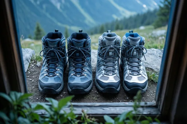 Twee paar wandelschoenen staan naast elkaar te drogen op een vensterbank met zicht op een berglandschap in koele blauwe en grijze tinten.