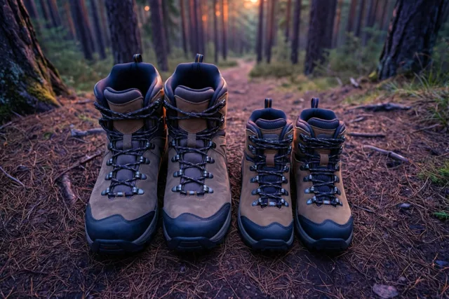 Twee paar wandelschoenen, een groot en een klein paar, staan op een bospad met dennennaalden in het gouden licht van de ondergaande zon tussen de bomen.
