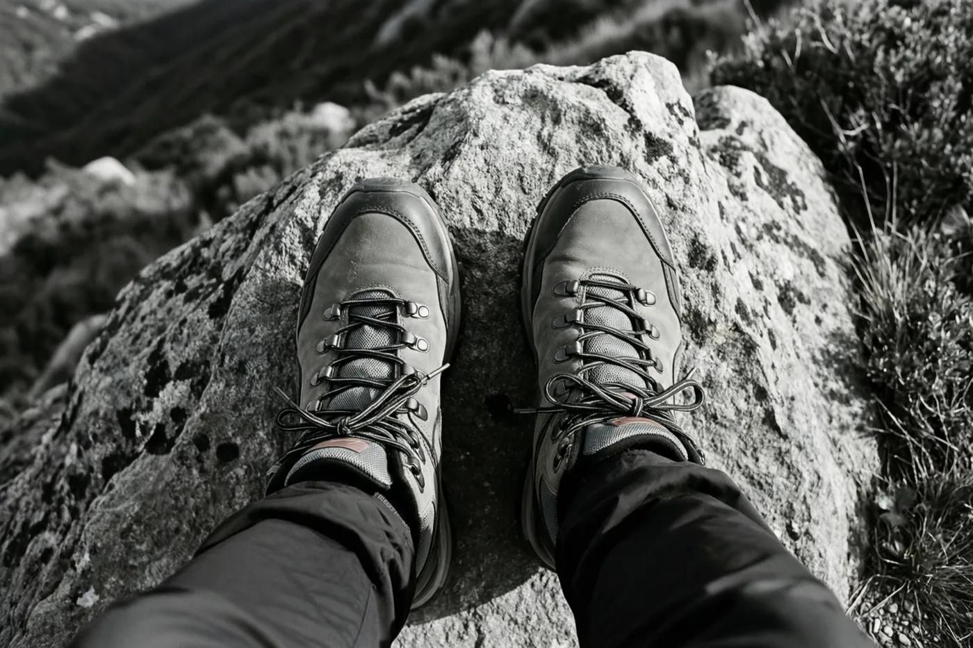 Een zwart-witfoto toont stevige wandelschoenen op een grote rots bovenaan een pad met ruige bergen op de achtergrond.