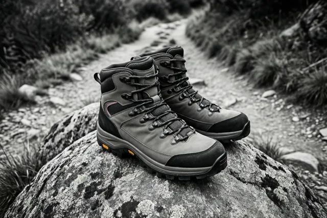 Een paar stevige wandelschoenen met oranje accenten op de zolen staat op een grote rots bovenaan een pad, in een verder vrijwel monochroom landschap met begroeiing.