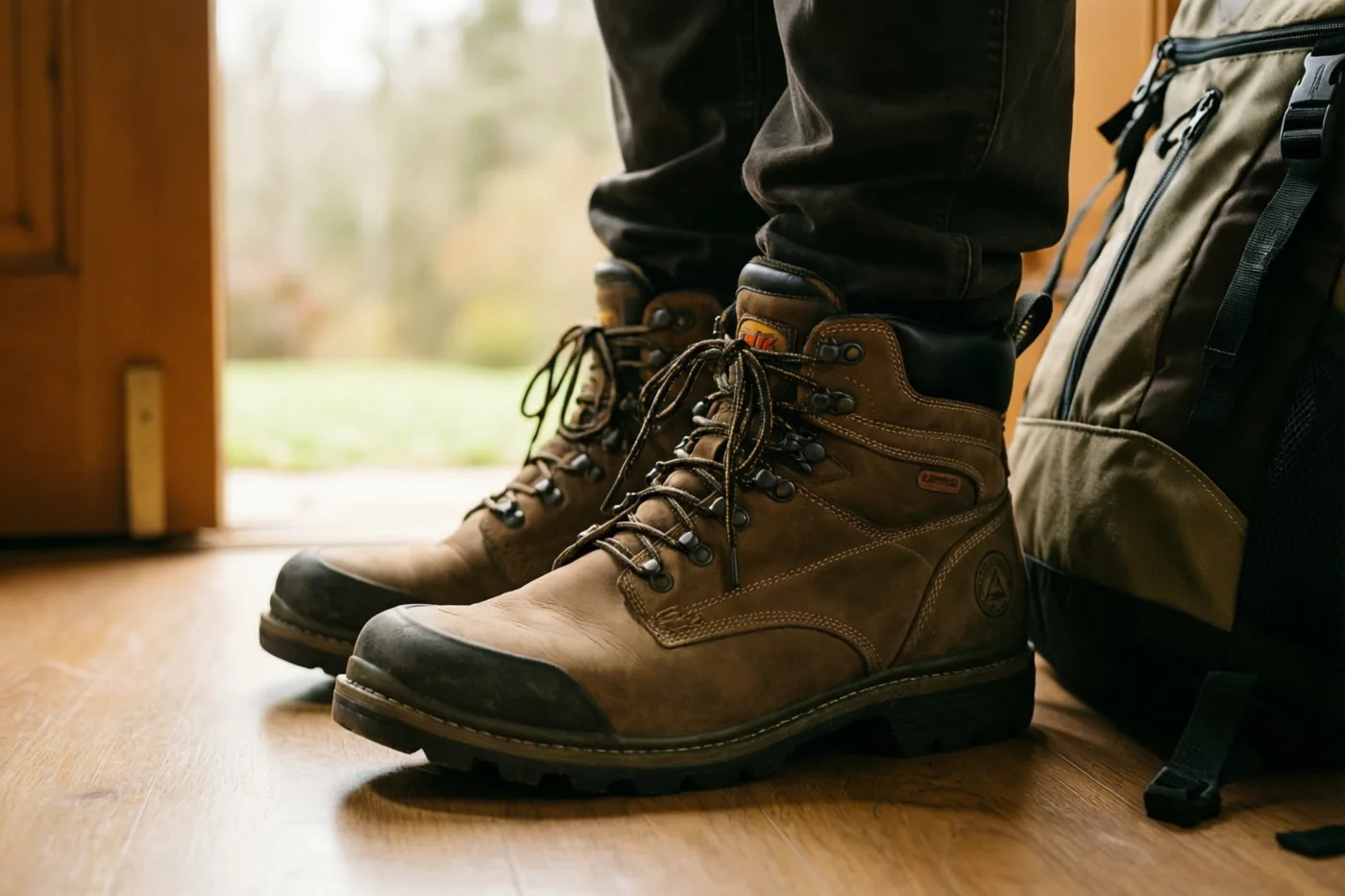 Bruine wandelschoenen staan naast een groen-zwarte rugzak bij een houten deur op een houten vloer, met daglicht vanuit de deuropening.