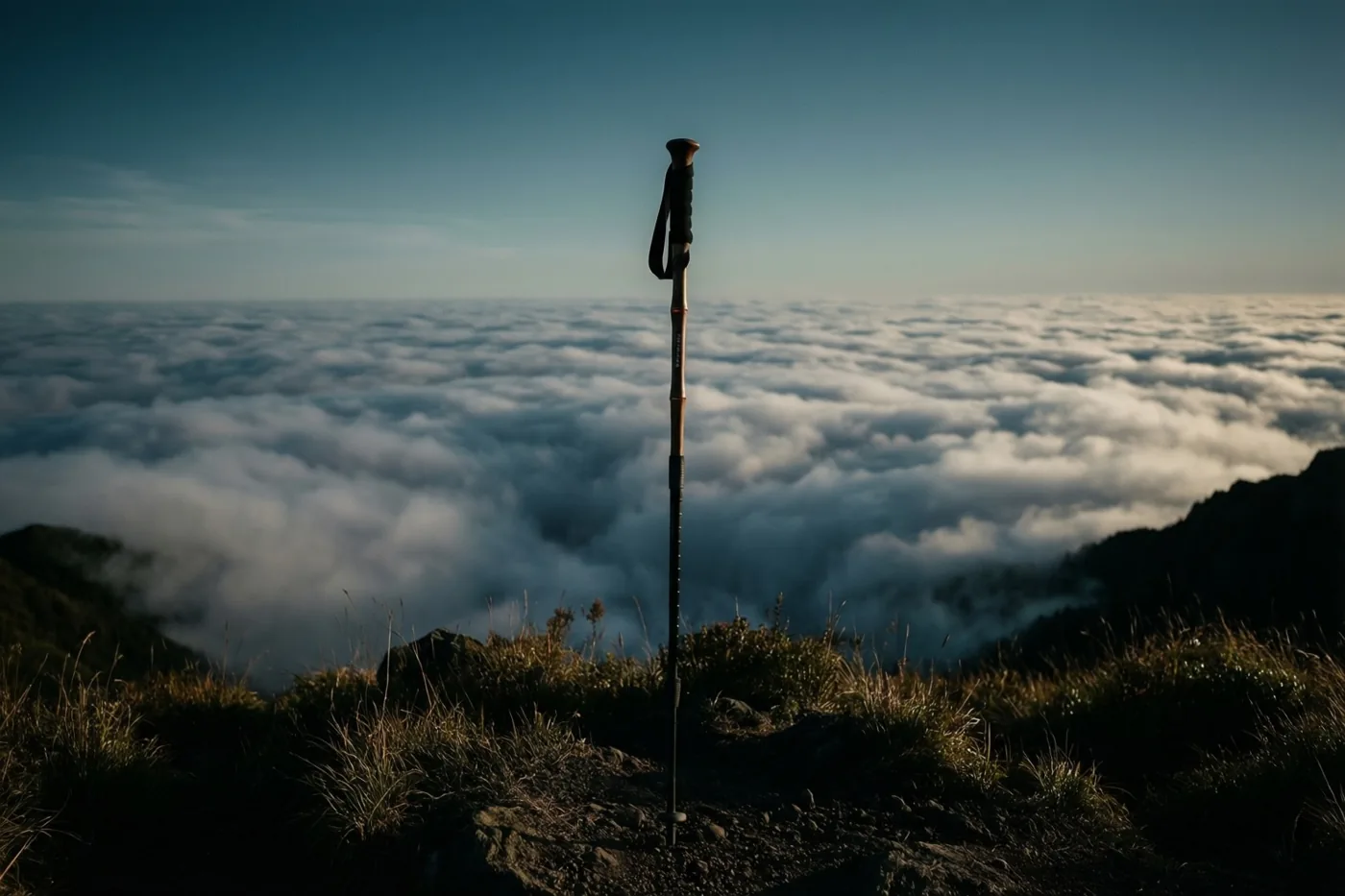 Een wandelstok staat rechtop op een grasrijke bergtop boven een wolkenzee in zacht goudkleurig licht onder een heldere blauwe hemel.
