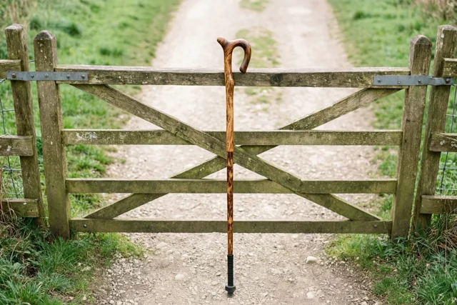 Een houten wandelstok met een gebogen handvat leunt tegen een houten overstapje op een landelijk grindpad tussen groen gras bij daglicht.