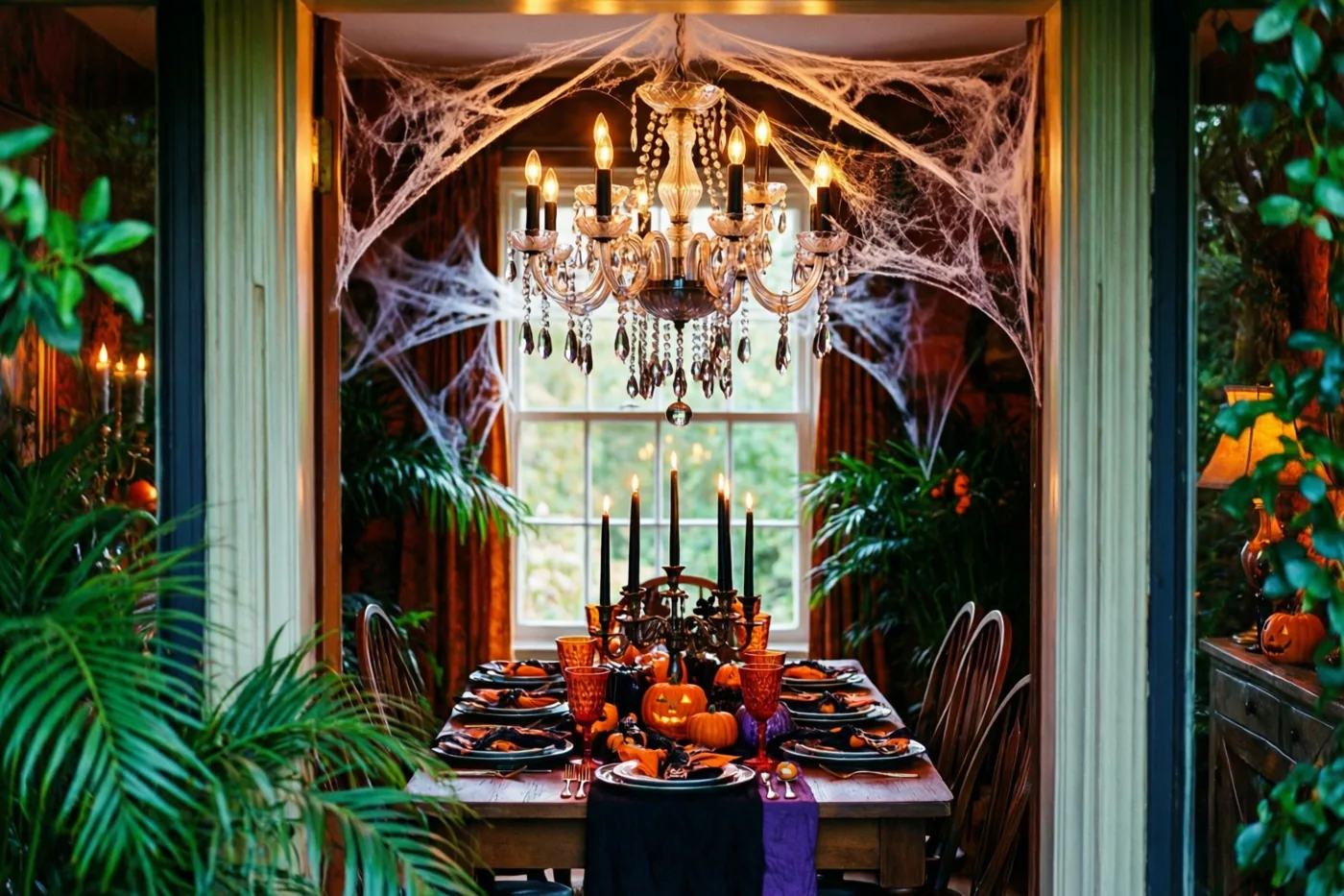 Een voor Halloween gedekte eettafel staat onder een kristallen kroonluchter met zwarte kaarsen en spinnenwebben, in warm licht met oranje en zwarte accenten.