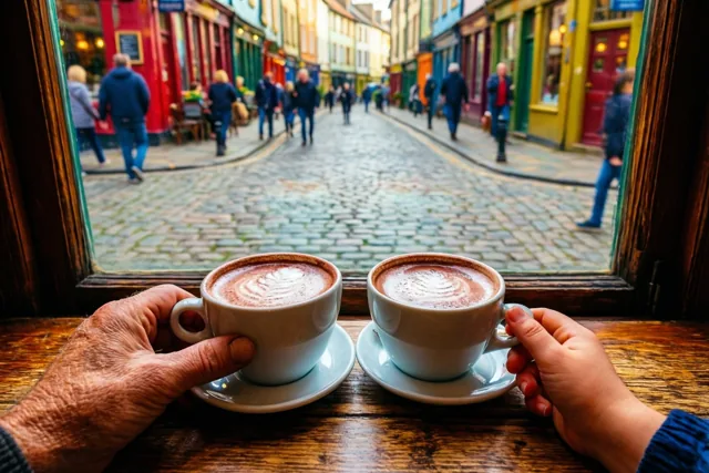 Een oude en een kleine hand houden koppen warme chocolademelk vast boven een houten tafel, gezien door een caféraam met zicht op een kasseistraat met kleurrijke gebouwen en voorbijgangers.