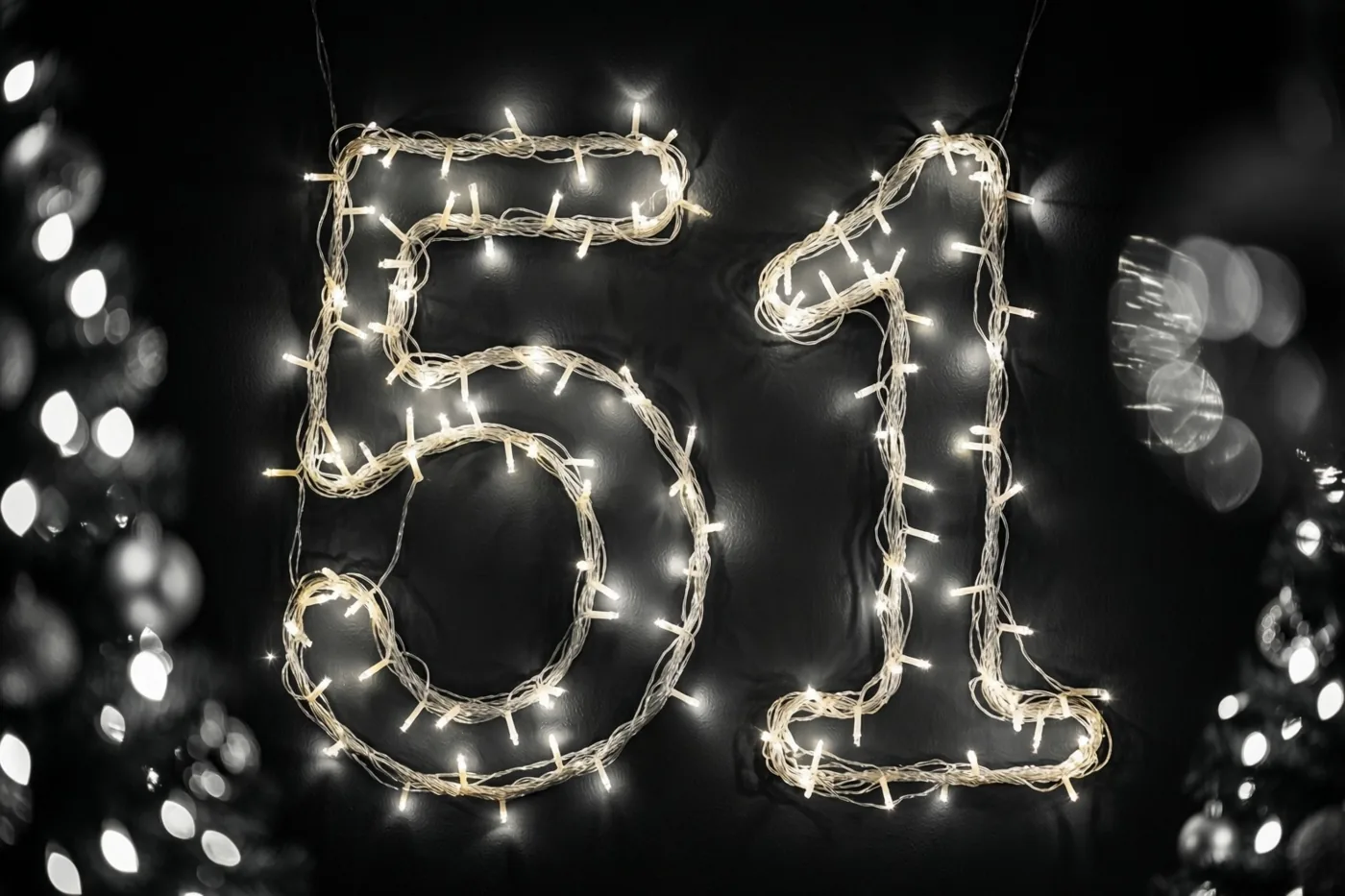 Warme lichtjes vormen het getal 51 tegen een donkere muur met onscherpe lichtjes op de achtergrond.
