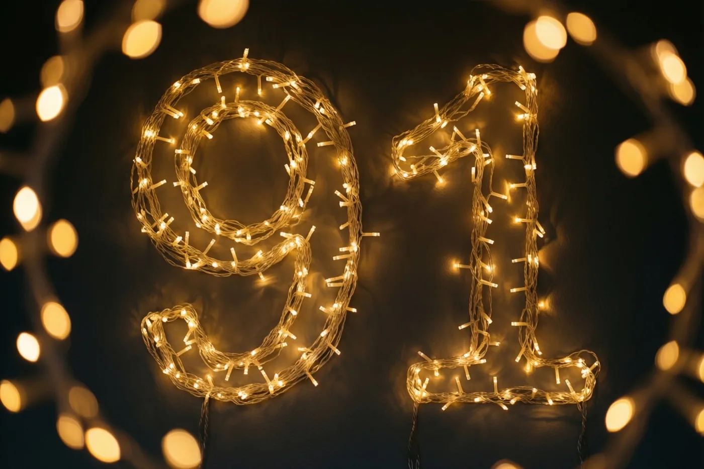 Warme lichtjes vormen het getal 91 tegen een donkere muur, met zachte onscherpe lichtpunten op de achtergrond.