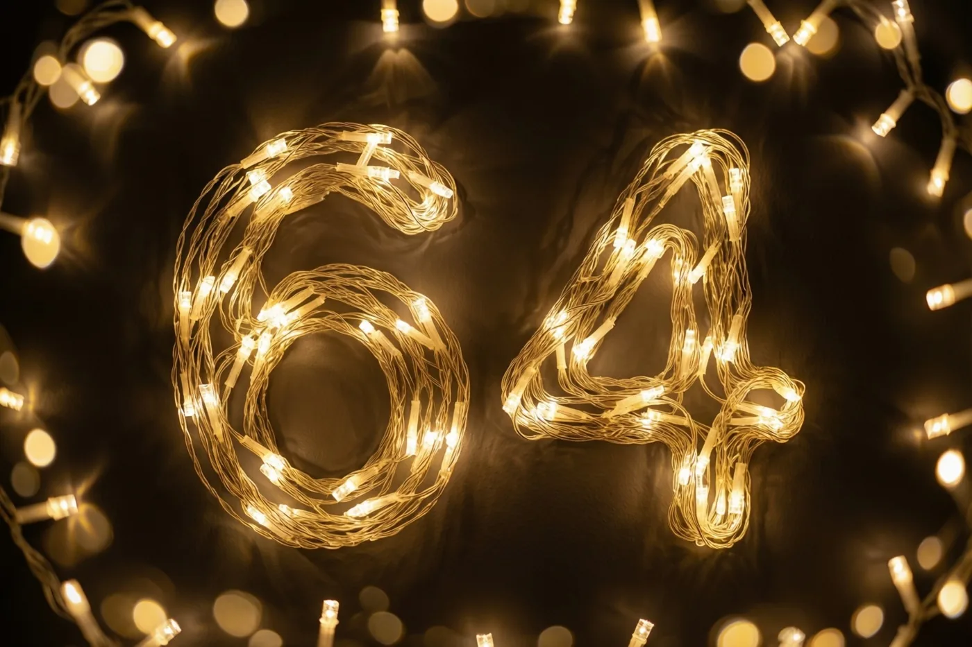 Warme lichtslingers vormen het getal 64 tegen een donkere muur, met onscherpe lichtjes op de achtergrond.