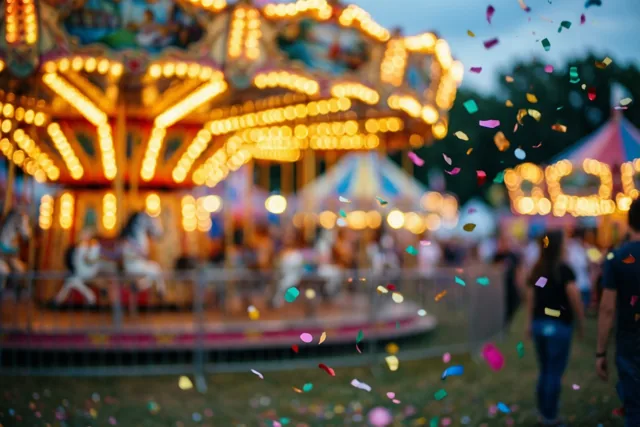Een onscherp carnavalstafereel bij schemering toont warme gele lichtjes en vallende veelkleurige confetti.