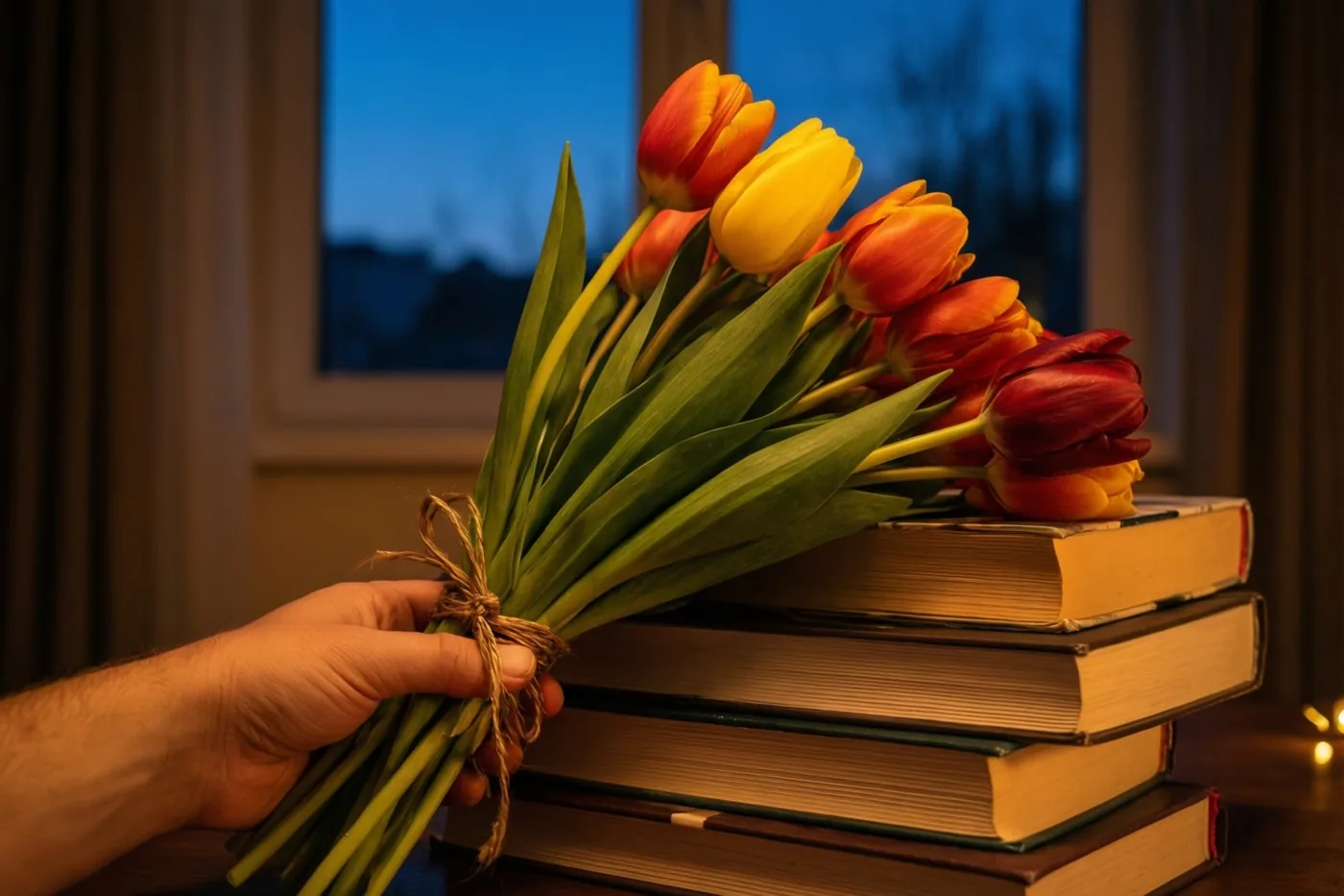 Een hand houdt oranje, gele en rode tulpen met een touwtje vast op een stapel boeken bij een raam met schemerlicht buiten.