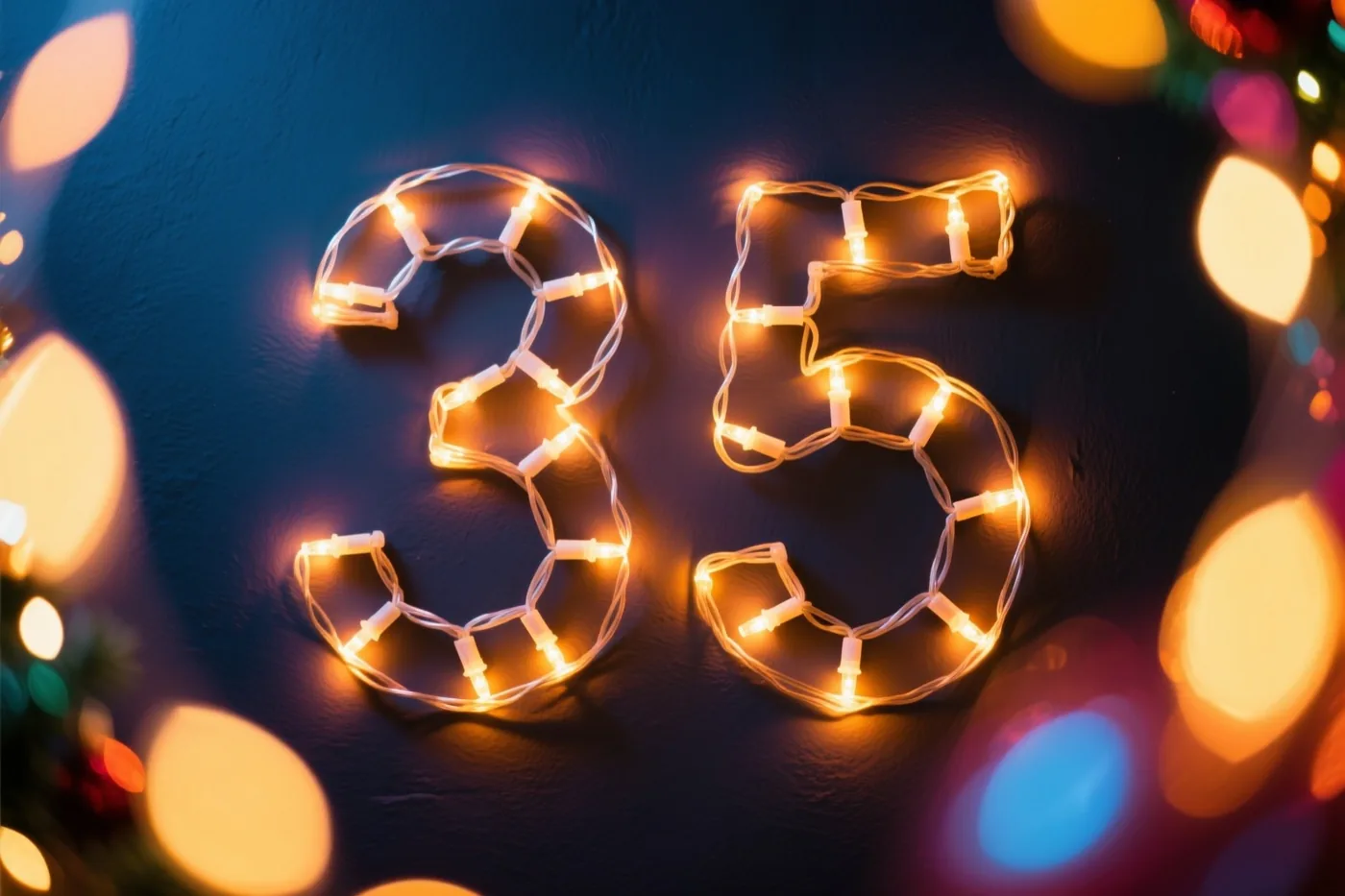 Warme lichtjes vormen het getal 35 op een donkere muur met structuur, met onscherpe feestlichtjes op de achtergrond.