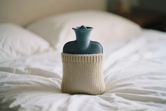 Een turquoise warmwaterkruik met een beige gebreide hoes staat op een wit bed met gekreukte lakens in zacht licht.