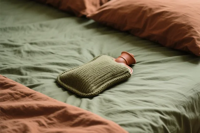 Een warmwaterkruik met een gebreide hoes ligt op een bed met groene lakens en roestkleurige kussens in zacht, warm licht.