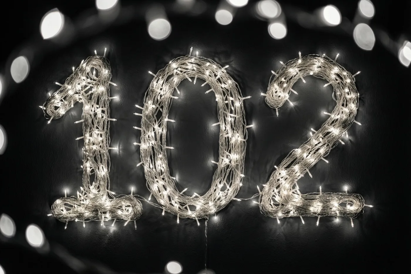 Warmwitte lichtslingers vormen het getal 102 tegen een donkere muur met onscherpe lichtjes op de achtergrond.