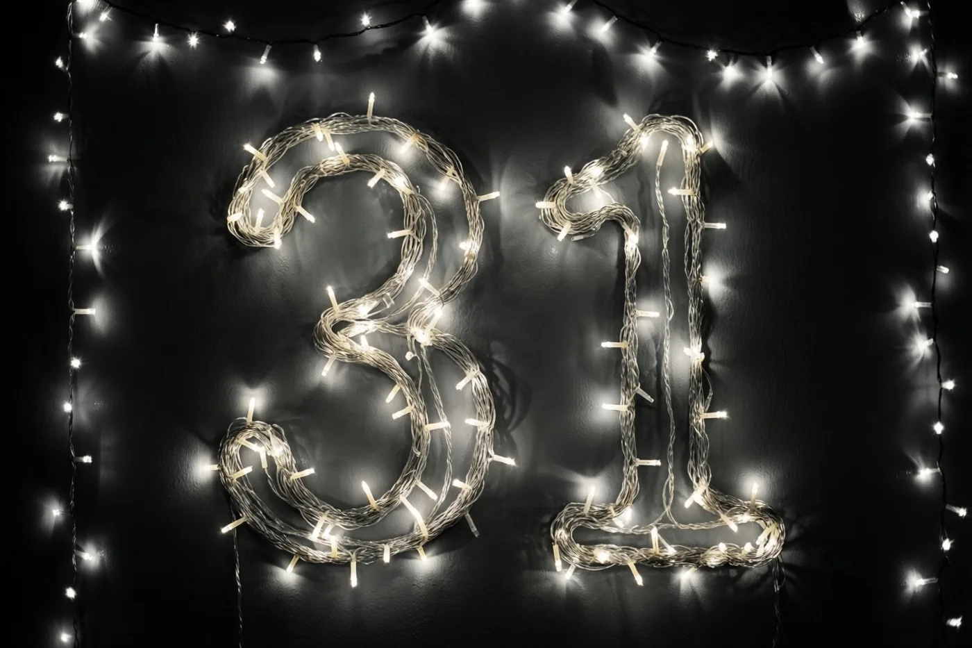 Het getal 31 is gemaakt van lichtjes op een donkere muur, omgeven door onscherpe warmwitte lichtvlekken.