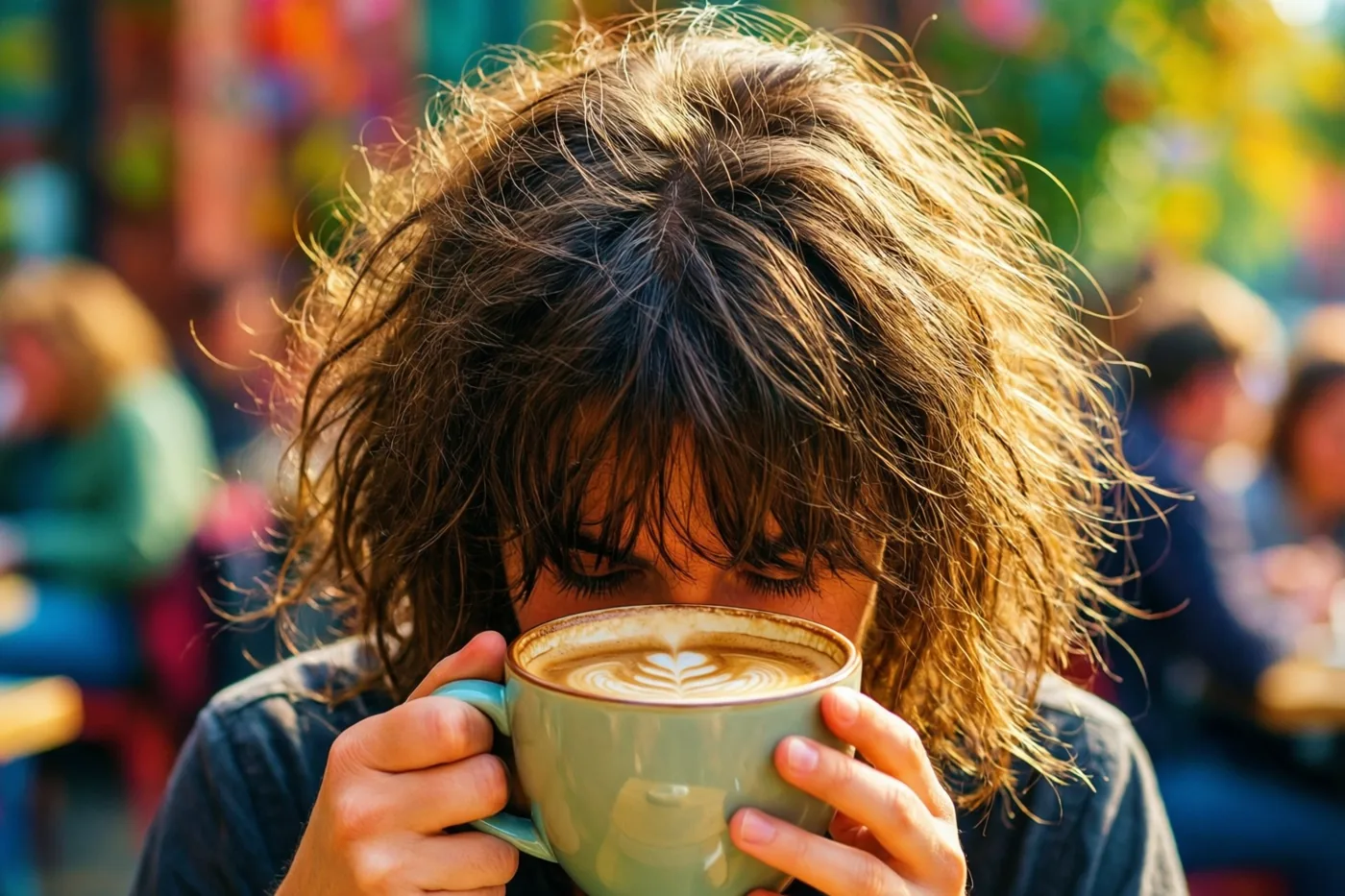 Een persoon met warrig bruin haar in de zon is van achteren te zien met een grote groene koffiemok met latte art, buiten tegen een kleurrijke, vervaagde achtergrond.
