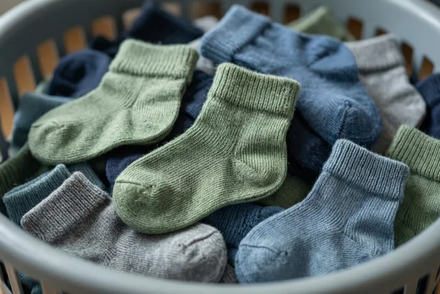 Een wasmand is gevuld met kleine gebreide babysokjes in verschillende gedempte kleuren, waarvan de meeste tot aan de enkels komen.