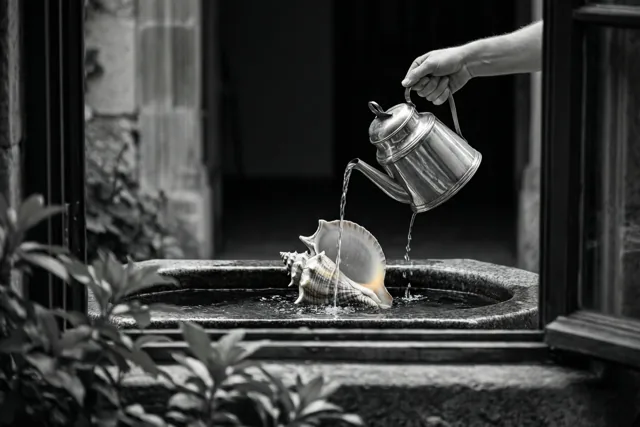 Een zwart-witbeeld toont door een raamkozijn een hand die water uit een zilveren kan in een grote schelp in een stenen bekken giet.