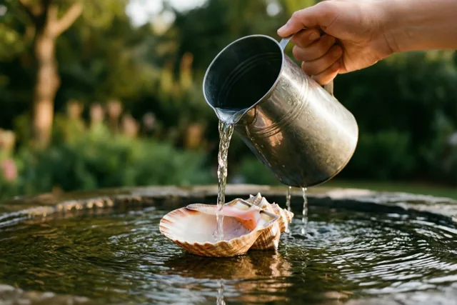 Een hand giet water uit een zilveren kan in een schelp in een stenen bekken in een zonovergoten tuin.