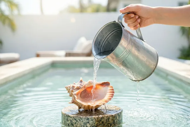 Een hand giet water uit een zilveren kan in een grote schelp op een stenen sokkel midden in een ondiepe waterpartij, buiten in fel zonlicht.