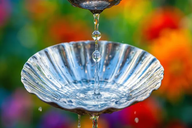 Heldere waterdruppels vallen uit een zilveren schelp met geschulpte rand in een lagere zilveren kom tegen een kleurrijke, onscherpe achtergrond.