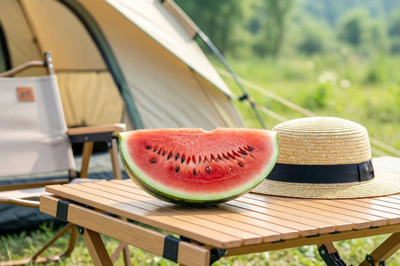 Een stuk watermeloen ligt naast een strohoed op een houten kampeertafel, met een beige tent en groen gras op de achtergrond.